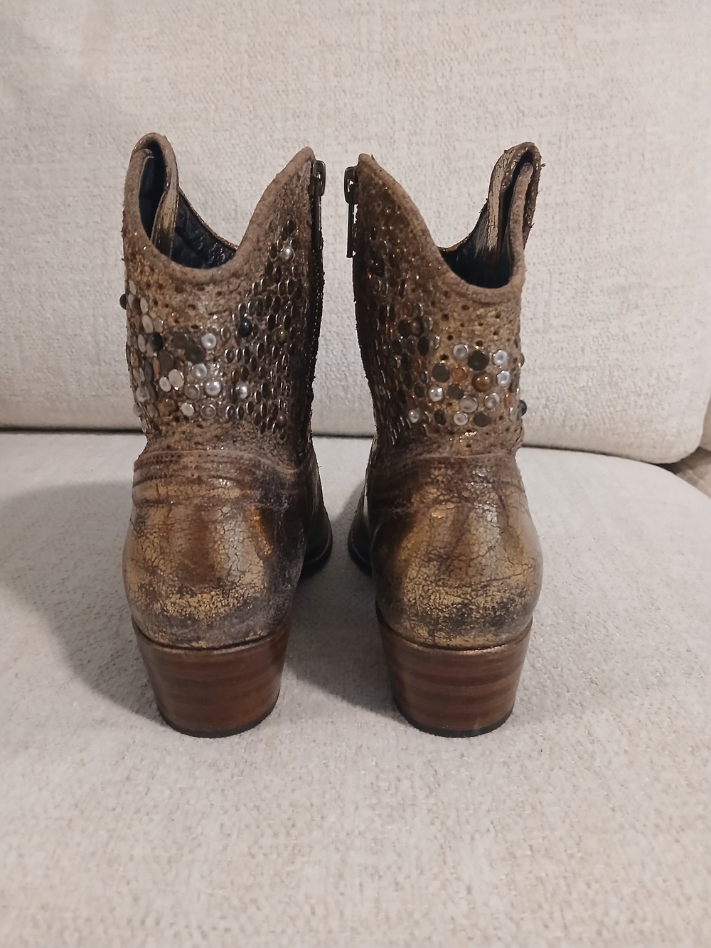 •FRYE• 'Deborah' Metallic Gold Western Ankle Boots with Stud Detail - Picture 7 of 15